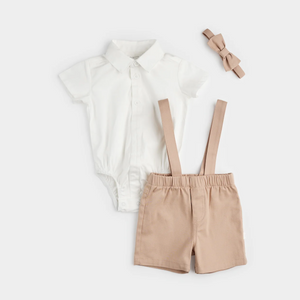 Petit Lem Poplin Shirt & Suspender Shorts Set with Bowtie