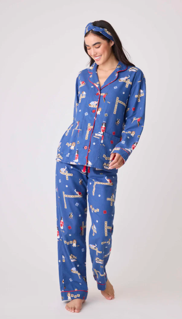 PJ Salvage Flannel Pyjamas Scrabble Dogs Dark Denim