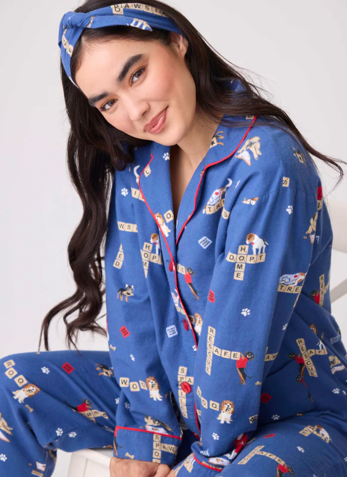 PJ Salvage Flannel Pyjamas Scrabble Dogs Dark Denim