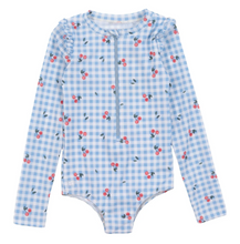 Load image into Gallery viewer, Nano Cherry Gingham 1pc Rashguard Swimsuit Light Blue