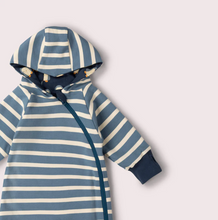 Load image into Gallery viewer, Little Green Radicals Blue Penguins Reversible Hooded Snug Playsuit