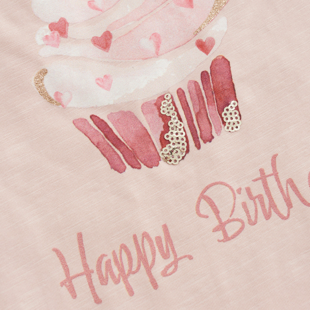 Minymo Happy Birthday Cupcake Tee Sepia Rose