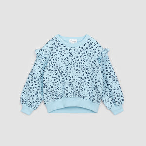 Miles the Label Leopard Print Ruffle Sweatshirt Angel Blue