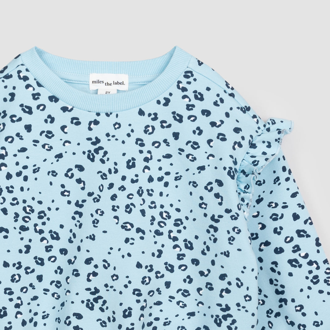 Miles the Label Leopard Print Ruffle Sweatshirt Angel Blue