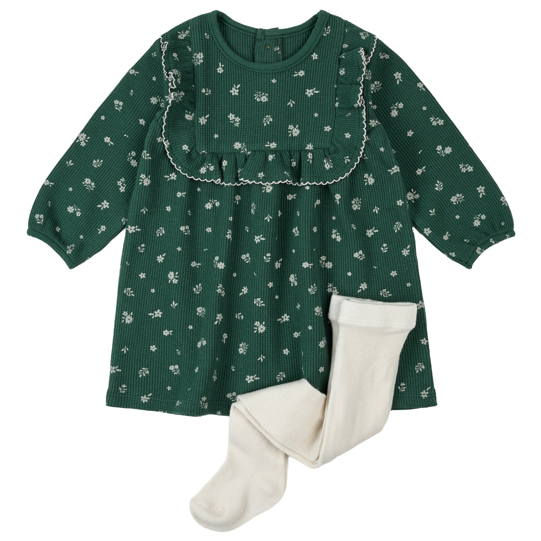 Petit Lem Creme Flower Print Thermal Dress and Tights