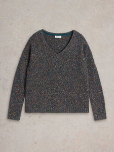 White Stuff UK Textured V-Neck Sweater Teal Multi