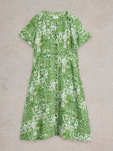 White Stuff UK Iris Linen Dress Green Print