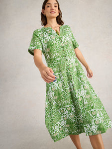 White Stuff UK Iris Linen Dress Green Print