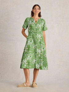 White Stuff UK Iris Linen Dress Green Print