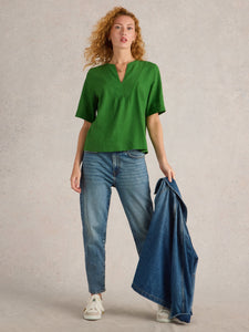 White Stuff UK Ash Linen Blend Top Mid Green