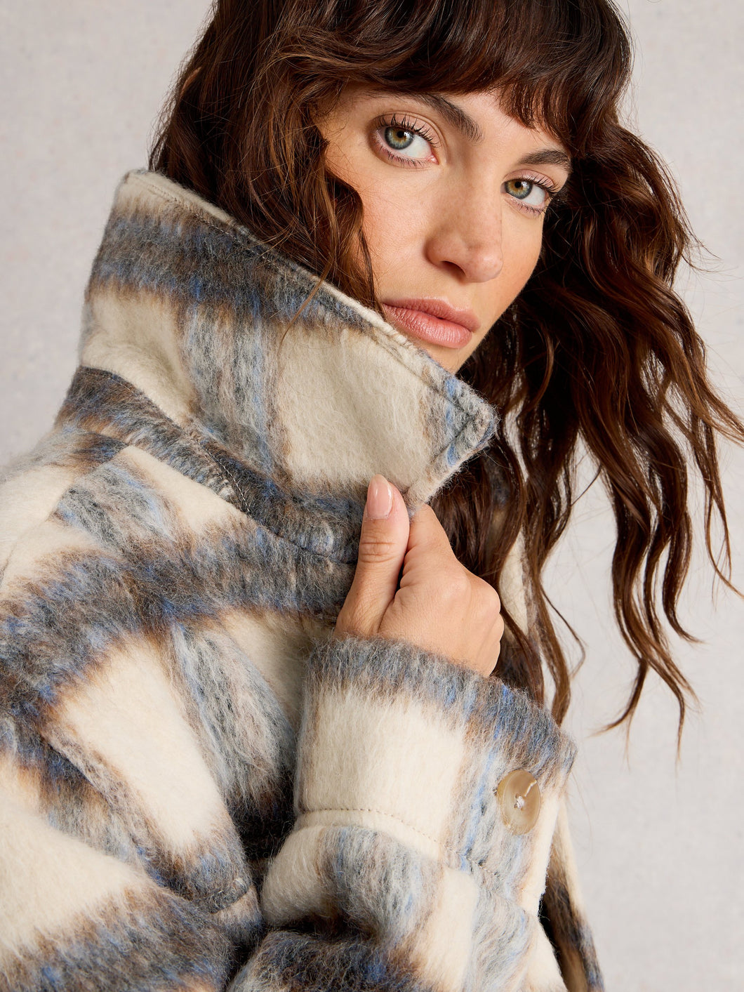 White Stuff UK Alexa Check Wool Blend Jacket Blue Multi