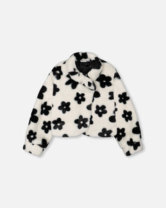 Deux Par Deux Faux Fur Jacket with Black Flower Pattern