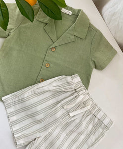 Petit Lem Sage Leaf Crosshatch Linen Blend Shirt and Short Set