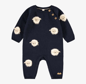 Souris Mini Sheep Print Sweater Knit Playsuit Navy