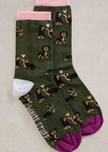 Load image into Gallery viewer, White Stuff UK Kissing Sausage Dog Ankle Sock Green Multi
