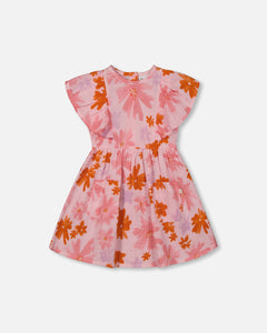 Deux Par Deux Muslin Frill Dress Pink and Coral Flowers Print