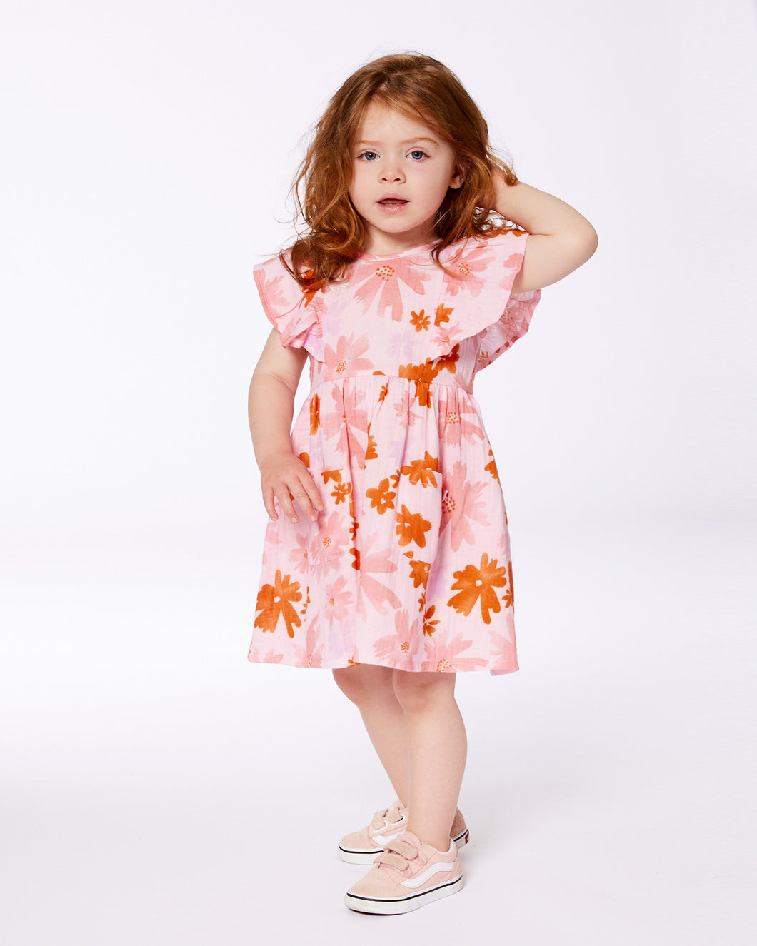 Deux Par Deux Muslin Frill Dress Pink and Coral Flowers Print