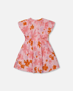 Deux Par Deux Muslin Frill Dress Pink and Coral Flowers Print