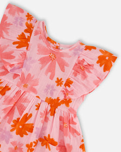 Deux Par Deux Muslin Frill Dress Pink and Coral Flowers Print