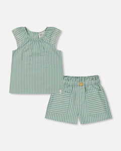 Deux Par Deux Chambray Stripe Top and Shorts Mint Green