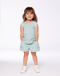 Deux Par Deux Chambray Stripe Top and Shorts Mint Green