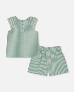 Deux Par Deux Chambray Stripe Top and Shorts Mint Green