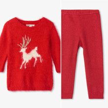 Load image into Gallery viewer, Hatley Holideer Fuzzy Baby Sweater Dress and Shimmer Legging
