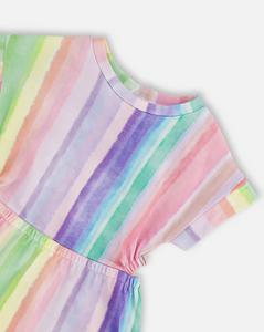 Deux Par Deux Rainbow Stripe French Terry Dress