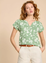 Load image into Gallery viewer, White Stuff UK Nelly Notch Neck Tee Green Print
