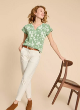 Load image into Gallery viewer, White Stuff UK Nelly Notch Neck Tee Green Print
