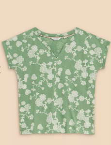 White Stuff UK Nelly Notch Neck Tee Green Print