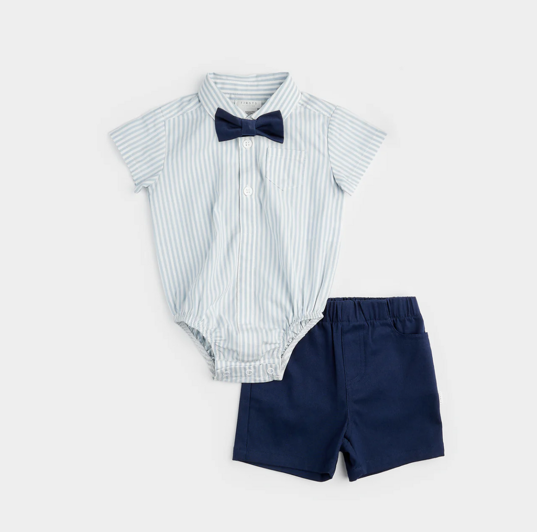Petit Lem Celestial Blue Yarn Dye Stripe Shirt and Shorts Set with Bowtie