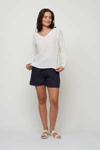 Pistache Long Sleeve Linen and Woven Top White