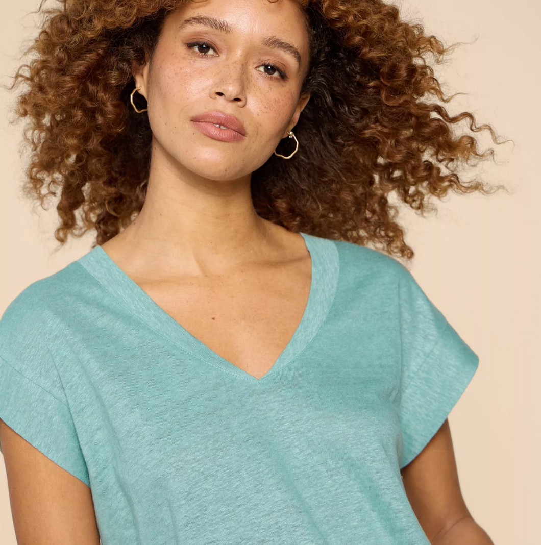 White Stuff UK Ivy Linen Vneck Tee Mid Teal