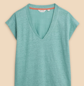 White Stuff UK Ivy Linen Vneck Tee Mid Teal