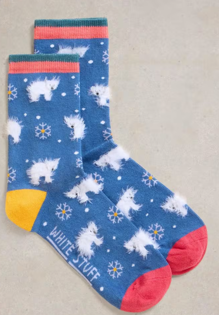 White Stuff UK Fluffy Polar Bear Ankle Sock Blue Multi