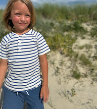 Load image into Gallery viewer, Me and Henry Frigat Raglan Henley Tee Royal/White Stripe
