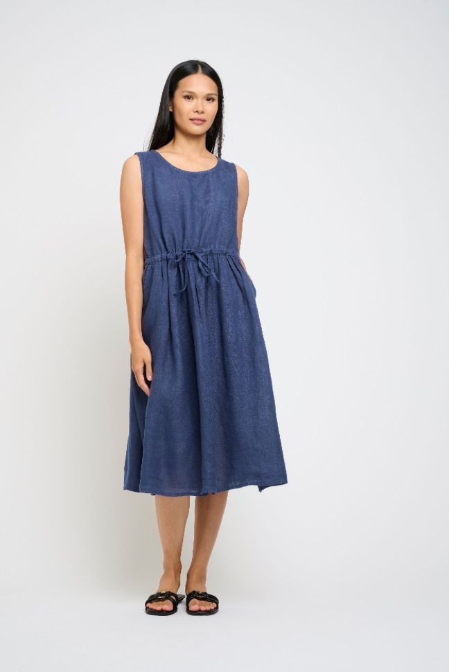 Pistache Drawstring Linen Market Dress