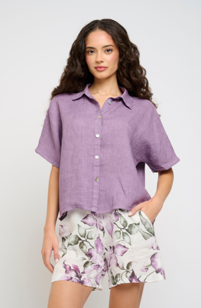 Pistache Short Sleeve Linen Crop Shirt