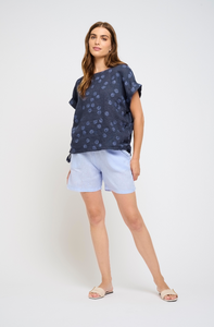 Pistache Shell Print Linen Top w/Drawstring Ties