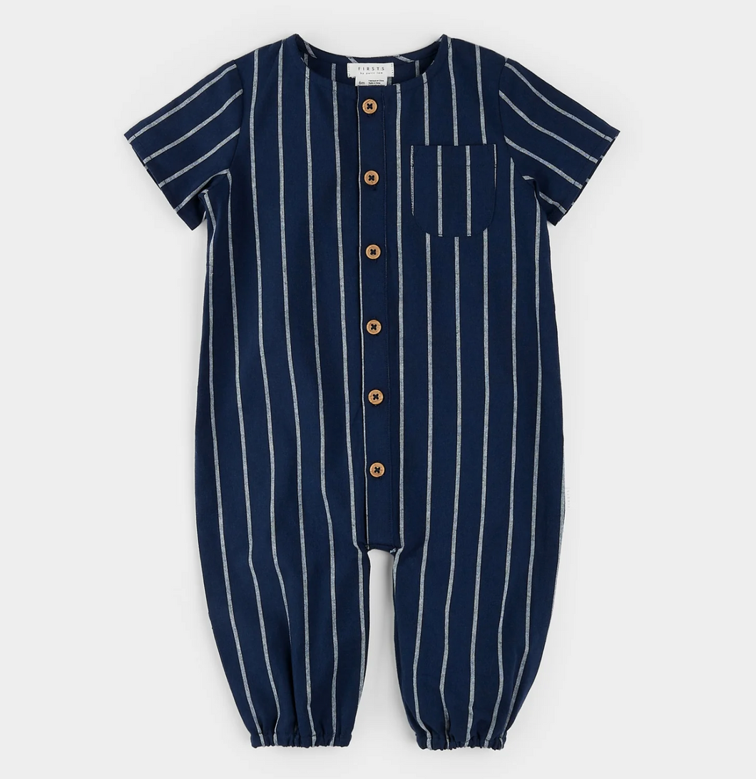 Petit Lem Blue Stripe Cross Hatch Playsuit