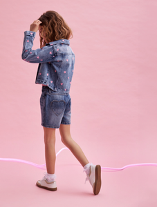 Creamie Heart Embroidered Crop Denim Jacket