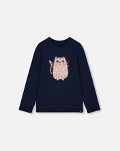 Load image into Gallery viewer, Deux Par Deux Pink Cat Cotton Tee Navy
