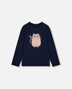 Deux Par Deux Pink Cat Cotton Tee Navy