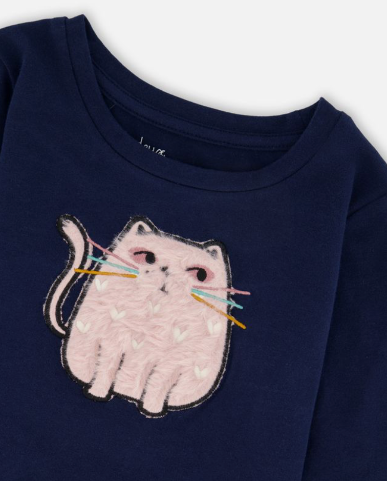 Deux Par Deux Pink Cat Cotton Tee Navy