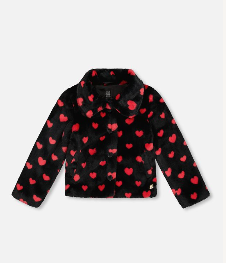 Deux Par Deux Hearts Print Faux Fur Coat