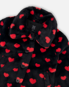 Deux Par Deux Hearts Print Faux Fur Coat