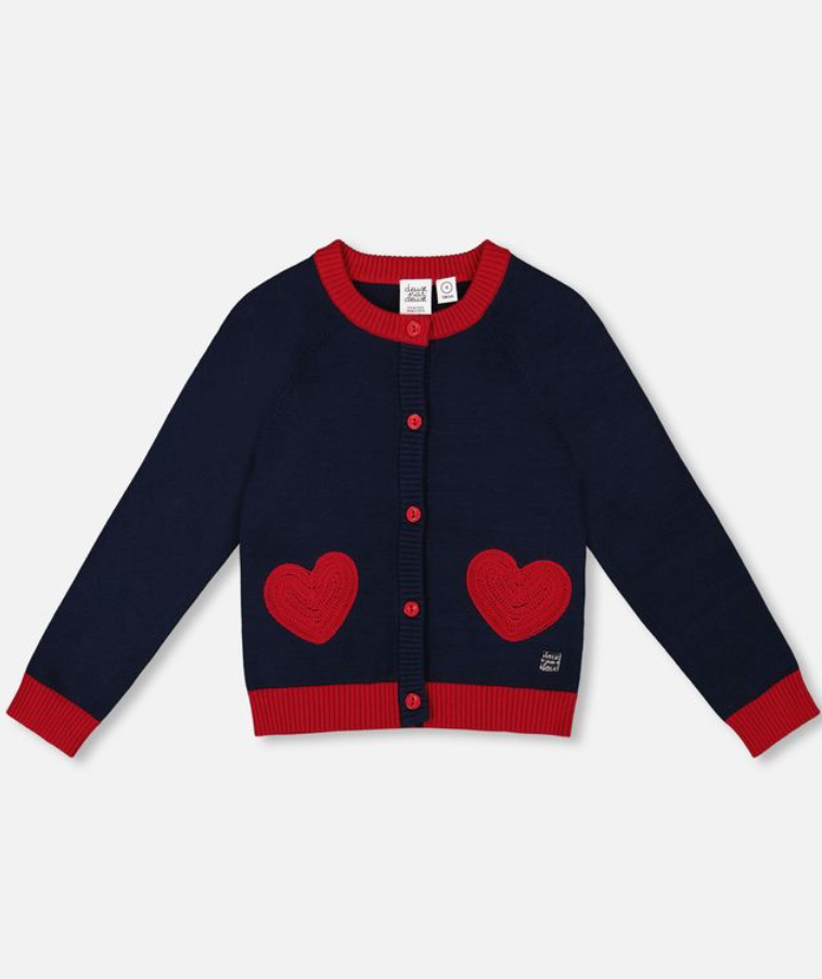 Deux Par Deux Cardi with Red Embroidered Hearts