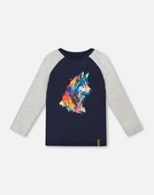 Load image into Gallery viewer, Deux Par Deux Wolf Print Tee Navy
