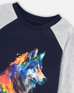 Deux Par Deux Wolf Print Tee Navy